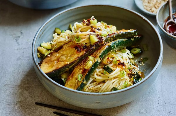 Miso-glazed courgettes with sesame chilli butter noodles
