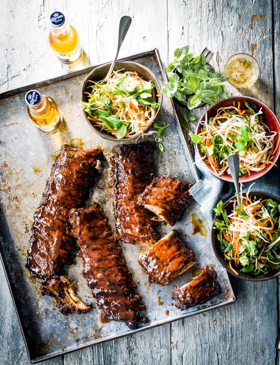 Miso-glazed ribs with Asian slaw