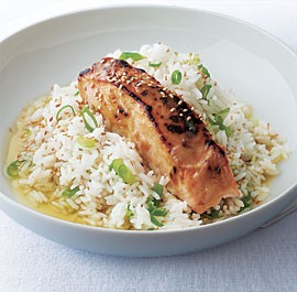 Miso-glazed salmon with green tea rice