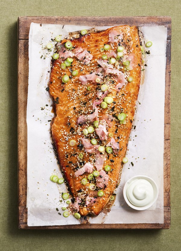 Miso-glazed salmon with okonomiyaki toppings