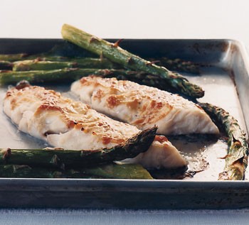 Miso-glazed sea bass with asparagus