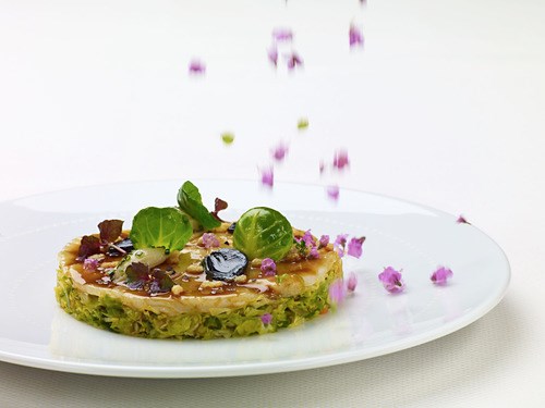 Miso-glazed sea scallop rosace, Brussels sprouts, crispy rice