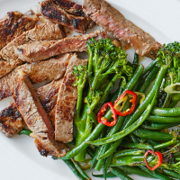 Miso-glazed steak with chilli and lime greens