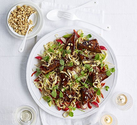 Miso-glazed tofu steaks with bean sprout salad & egg strands
