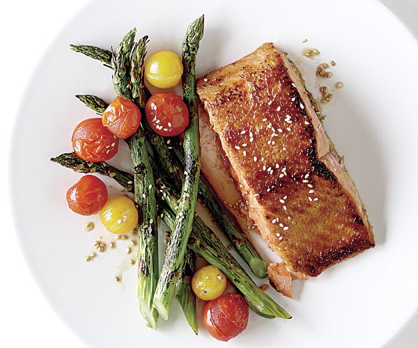 Miso-glazed wild salmon with sesame asparagus