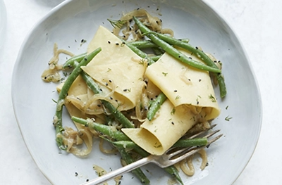 Miso green beans with silk handkerchiefs