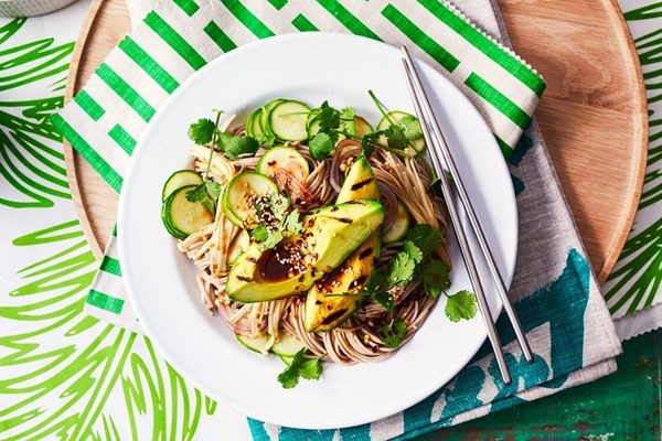 Miso grilled avocado with sesame soba noodles