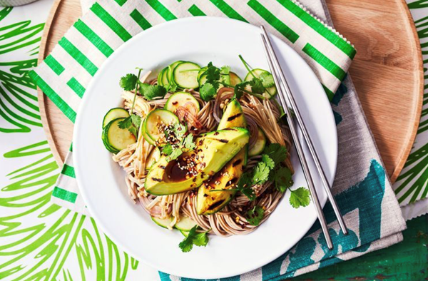 Miso grilled avocado with sesame soba noodles