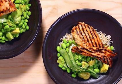 Miso grilled chicken with cucumber, edamame and avocado salad