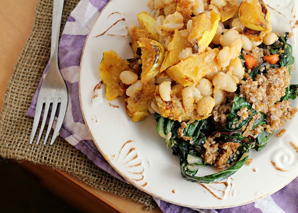 Miso harissa delicata squash and white bean salad with Swiss chard sesame bulgur