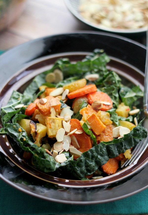 Miso-harissa roasted carrot, squash, and two-potato salad
