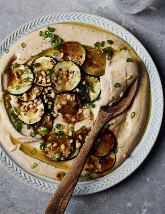 Miso hummus with umami courgette & pine nuts