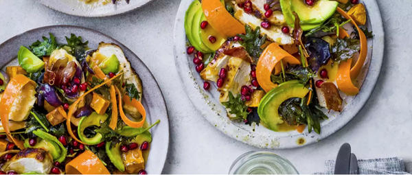 Miso kale, pomegranate and chicken salad