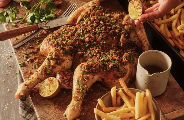 Miso, lime & herb butter-roasted spatchcock chicken