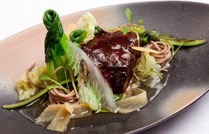 Miso-marinated Alaska black cod, soba noodles and green tea broth