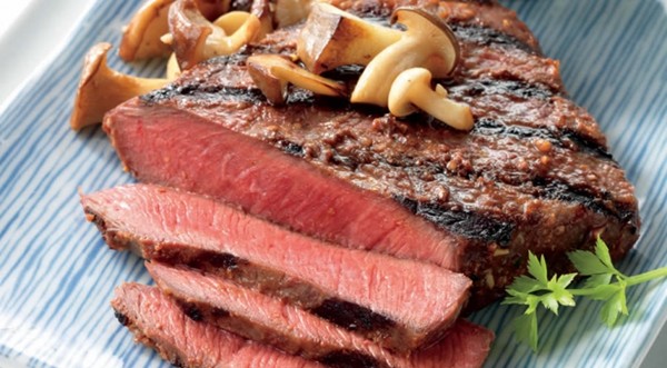 Miso-marinated flatiron steaks with shiitake mushrooms