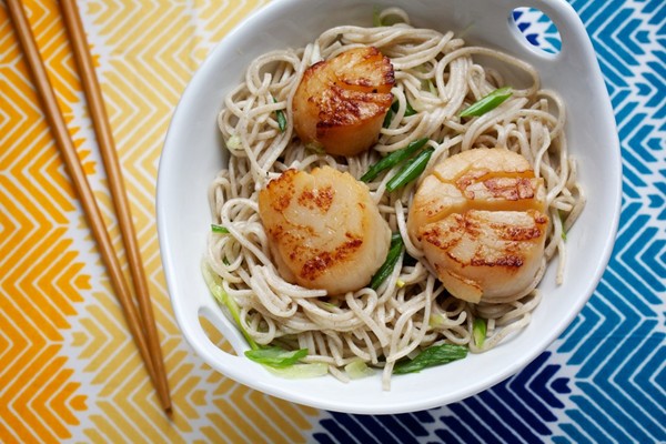 Miso-marinated scallops on soba noodles 