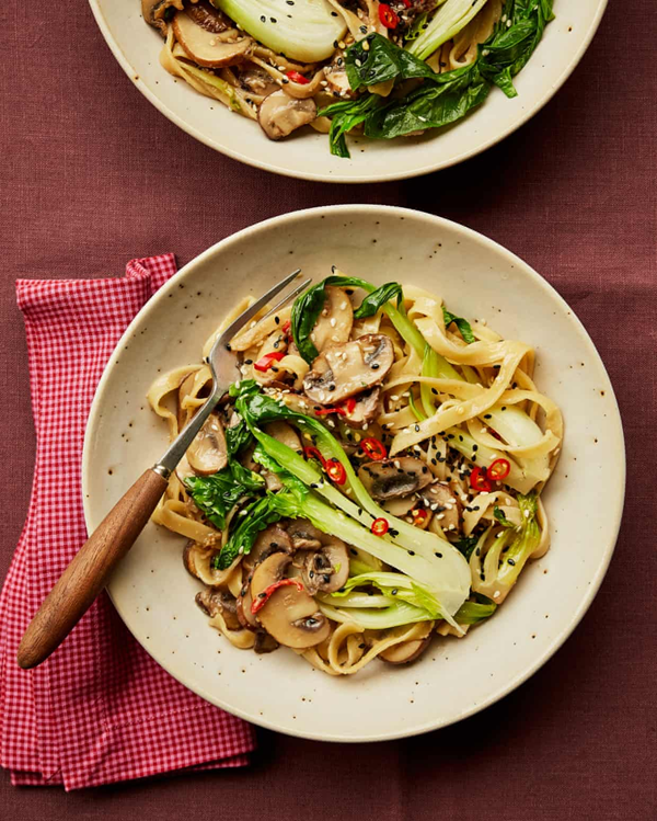 Miso mushroom noodles with pak choi and chilli