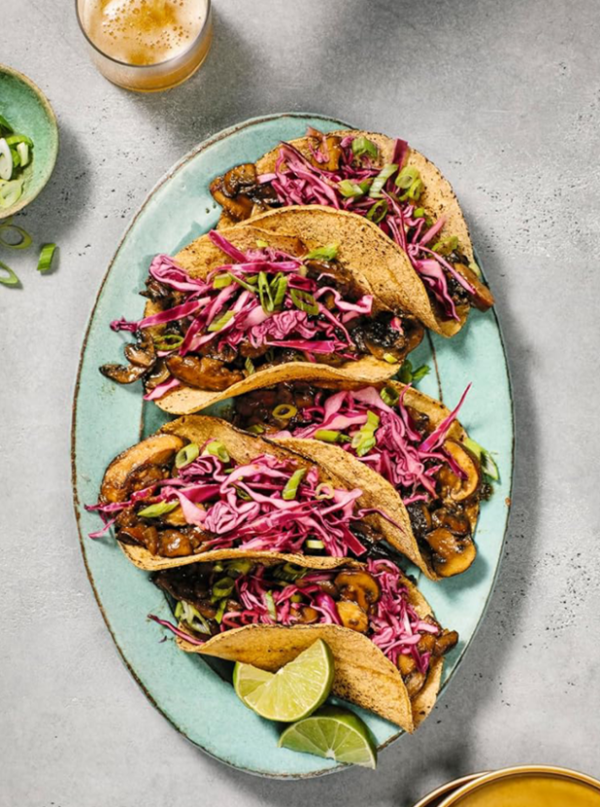 Miso-mushroom tacos with pickled cabbage
