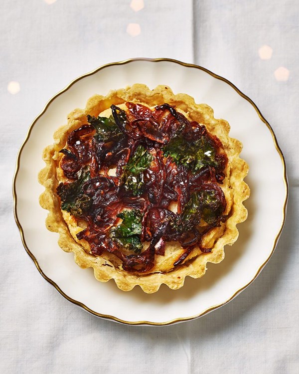 Miso, onion and kale frangipane tart