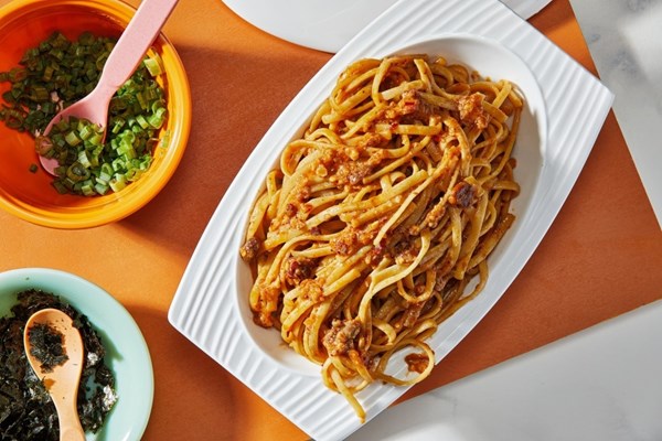 Miso-Parmesan pasta with chili crisp