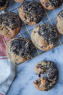 Miso peanut butter chocolate chip cookies with crystallized ginger and black sesame seeds