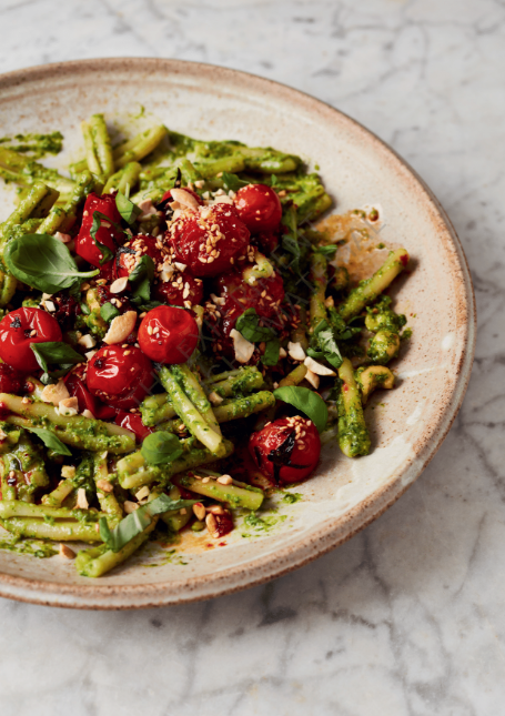 Miso pesto pasta salad with chilli crisp balsamic roasted tomatoes