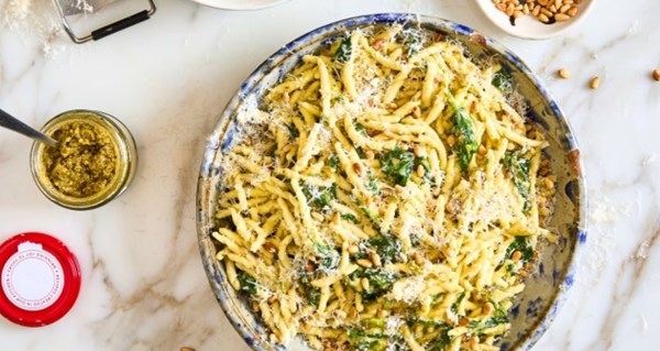 Miso pesto trofie pasta with spinach and pine nuts