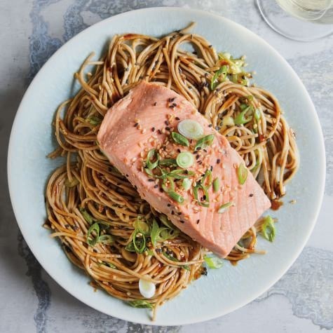 Miso-poached salmon with sesame soba noodles 