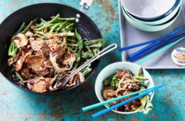 Miso pork with mushrooms, beans and Chinese broccoli