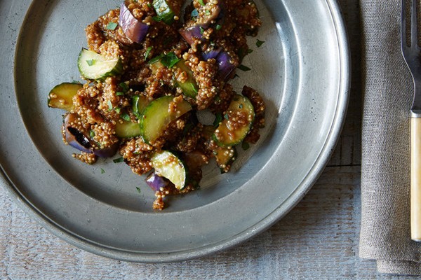 Miso quinoa pilaf with grilled cucumber, eggplant, and soy dressing