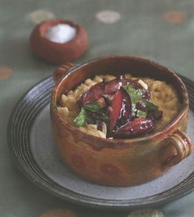 Miso risotto with chicken livers and plum compote