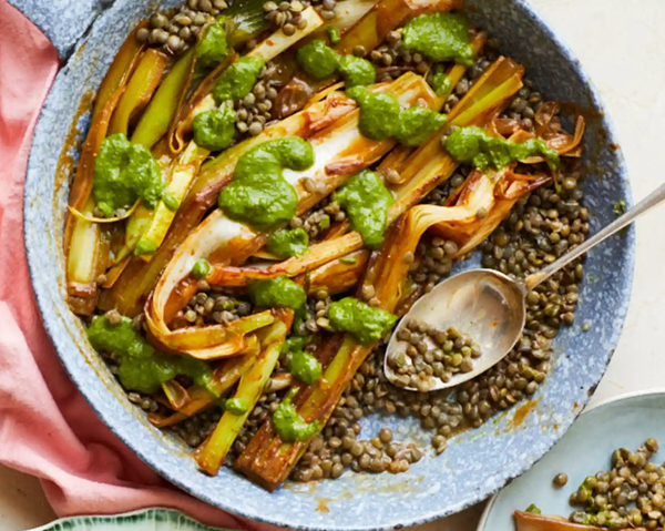 Miso roast leeks with lentils and green sauce