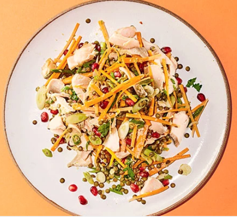 Miso roast salmon, lentil & pomegranate salad