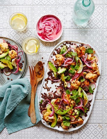 Miso roasted cauliflower, avocado and lentil salad