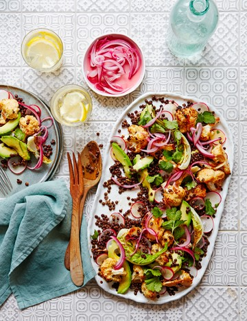 MIso roasted cauliflower, avocado and lentil salad