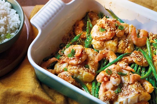 Miso-roasted cod & prawns