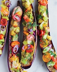 Miso-roasted eggplants with tomatoes, dill, shiso and black vinegar