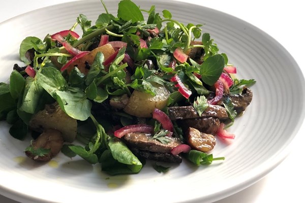 Miso-roasted mushroom, potato and chestnut salad with pickled red onion and watercress