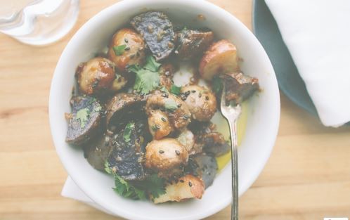 Miso-roasted potatoes and mushrooms
