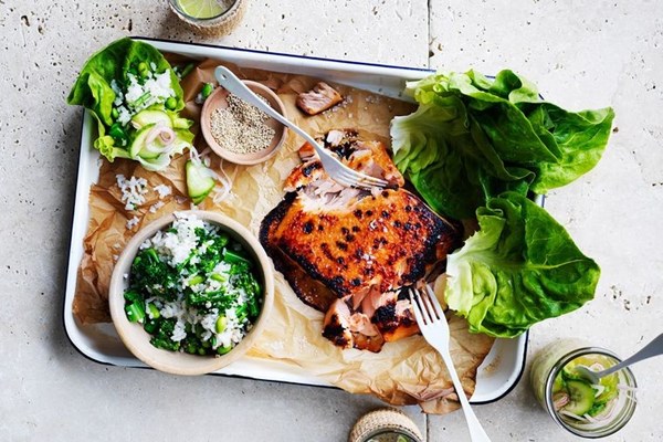Miso salmon and pickled cucumber san choy bow