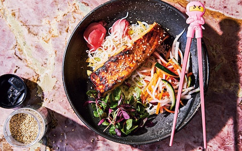 Miso salmon fillets with rice noodles and quick pickled vegetables