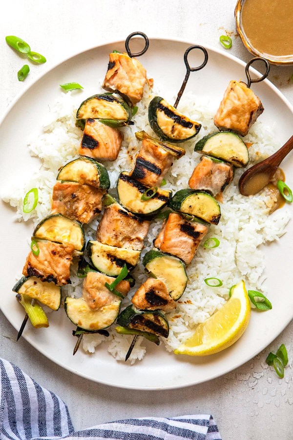 Miso salmon skewers with zucchini and scallions