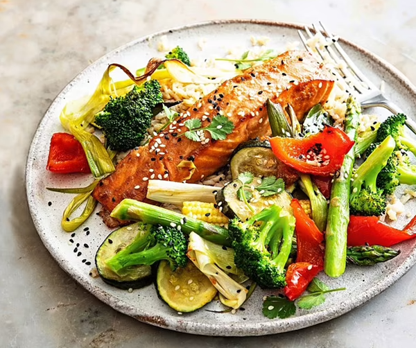 Miso salmon tray bake