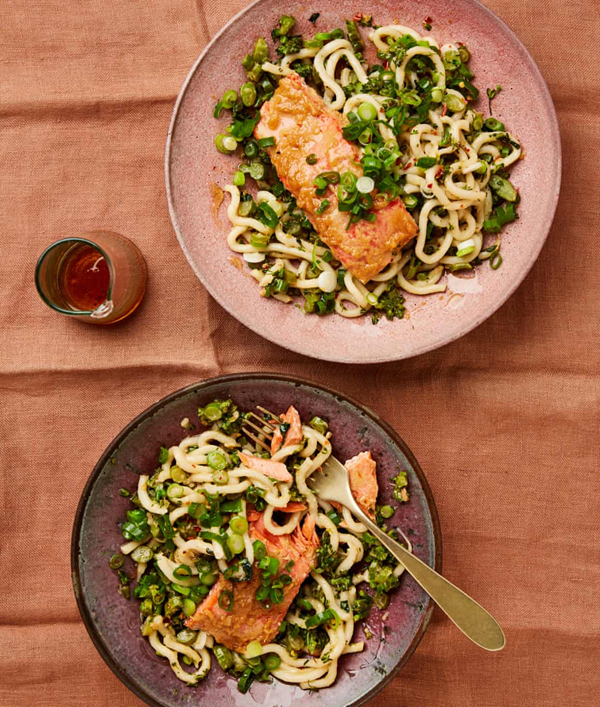 Miso salmon with broccoli and ginger noodles