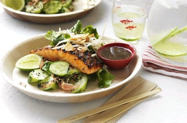 Miso salmon with cucumber and mint salad