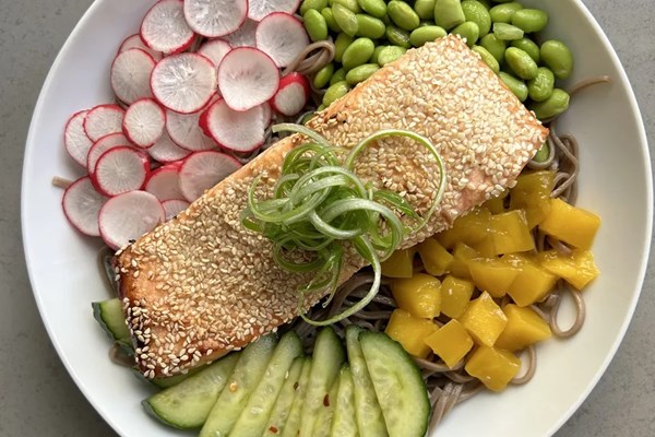 Miso sesame Scottish salmon noodle bowl