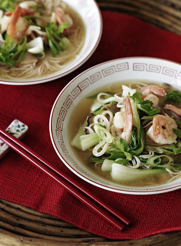Miso, shiitake soup with prawns and somen noodles
