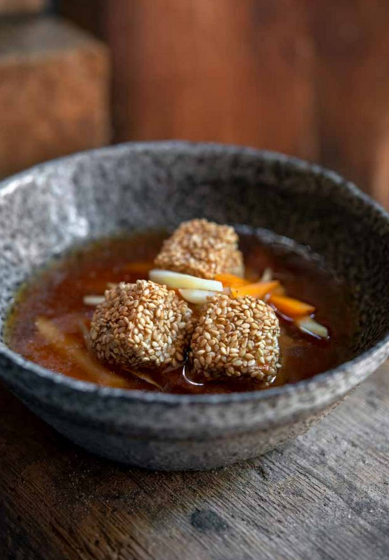 Miso soup, winter vegetables and sesame tofu