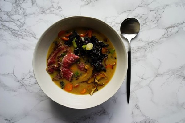 Miso soup with beef and kale